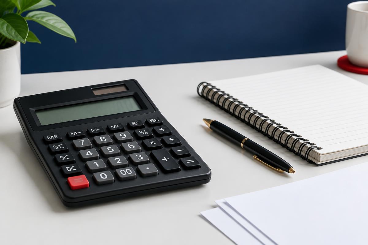 Calculadora y documentos sobre una mesa de trabajo
